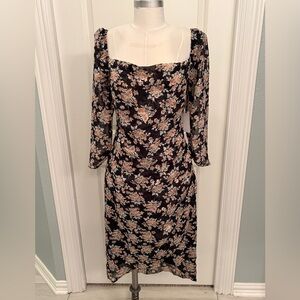 Floret Studios sz S, Black Floral Drape Neck LS Dress